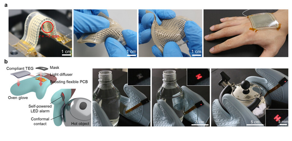 자유롭게 변형이 가능한 고유연성 열전소자의 모습(위). 유연성 열전소자를 발광소자와 연결해 뜨거운 물체를 알려주는 자가발전 장갑을 구현한 모습(아래). 서울대 제공.