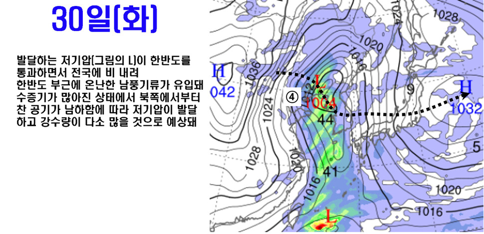 한국형수치예보모델(KIM)이 예측한 30일 아침 9시 일기도. 기상청 제공