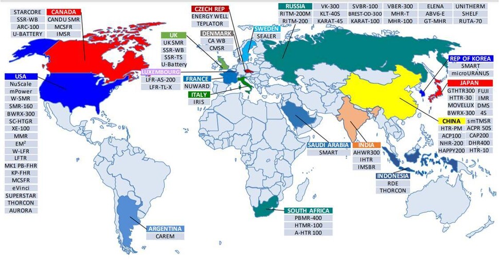 국제원자력기구(IAEA)가 집계한 지난해 하반기 기준 국가별 소형모듈원자로(SMR) 기술 개발 현황. 출처:‘소형모듈원자로 기술 개발에서의 진보’ 보고서