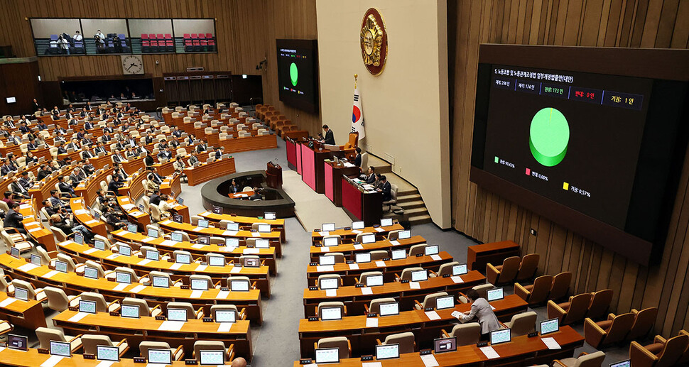 9일 오후 국회 본회의에서 노동조합 및 노동관계조정법 일부개정법률안(노란봉투법)이 처리되고 있다.김경호 선임기자 jijae@hani.co.kr