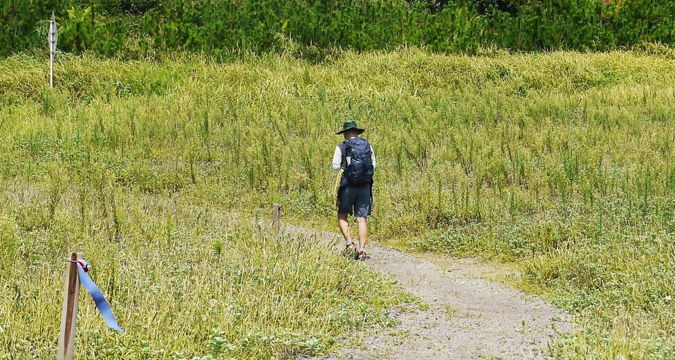 제주올레 10코스를 걷는 도보여행객. 허호준 기자