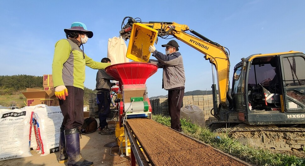 21일 충남 태안군 원북면 신두리 들녘에서 농민들이 기계를 이용해 육묘상자에 볍씨를 파종하고 있다. 태안/연합뉴스