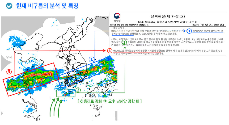 7~8일 비구름 현황과 향후 강수 시나리오. 기상청 제공 ※ 이미지를 누르면 크게 볼 수 있습니다.