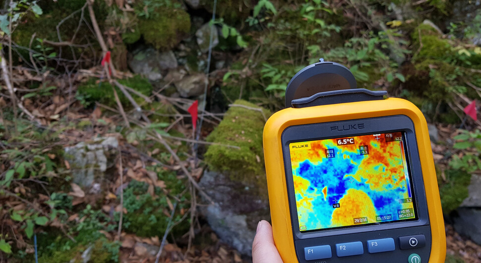 강원 홍천 방내리 풍혈지의 온도를 열화상 카메라로 측정 중이다. 제일 낮은 곳의 온도가 영상 3.3도, 높은 곳의 온도가 12.1도로 나타났다. 홍천/김혜윤 기자 unique@hani.co.kr