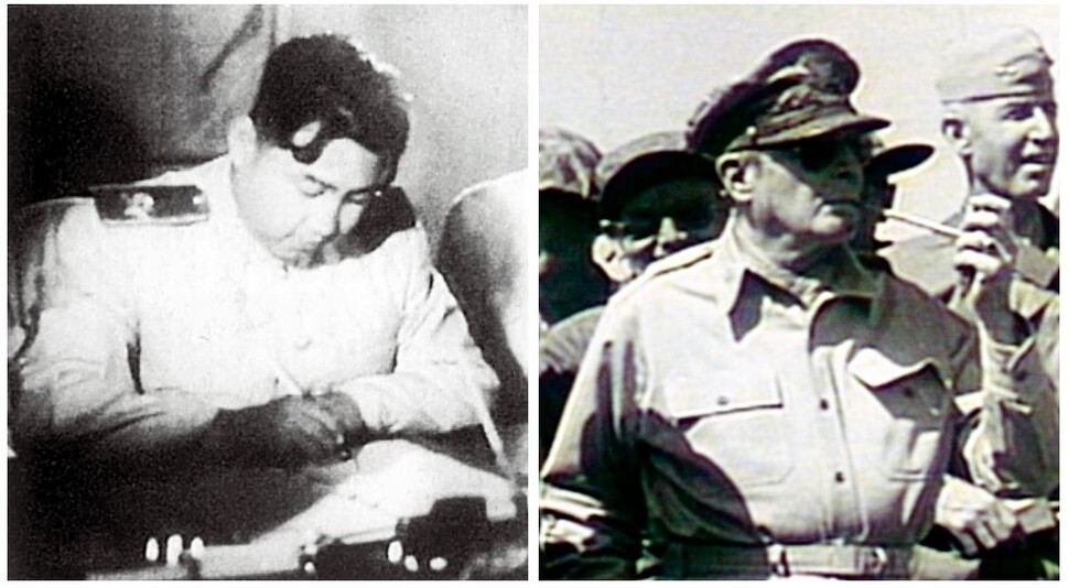 휴전협정문에 서명하는 김일성(왼쪽)과 한국전쟁 당시의 맥아더(오른쪽). 한겨레 자료사진