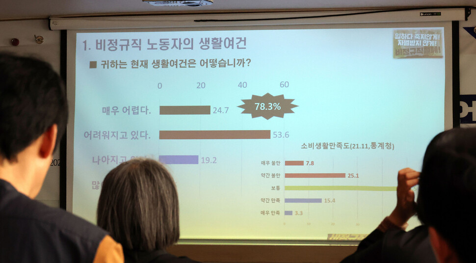 지난 10월31일 서울 중구 민주노총에서 비정규직 당사자 실태조사 보고 및 현장증언대회가 열려 참석자들이 발표 내용을 보고 있다. 김경호 선임기자 jijae@hani.co.kr