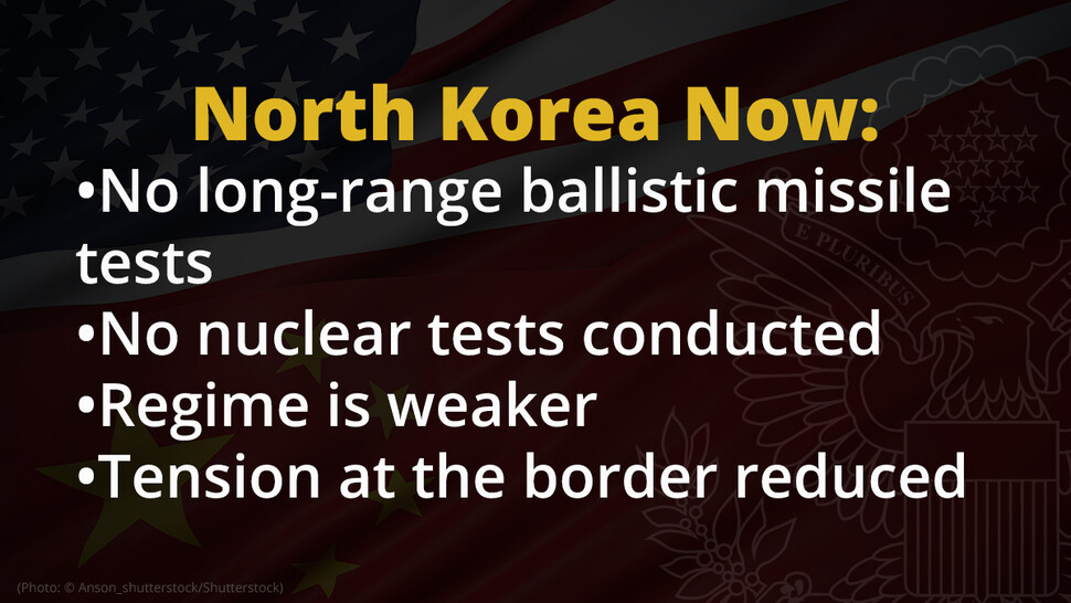 현재 북한 정세에 대한 폼페이오 장관의 평가. 그의 설명대로 북한은 2018년 북-미 대화가 시작된 뒤 핵 실험과 장거리 탄도미사일 실험을 하지 않았다.