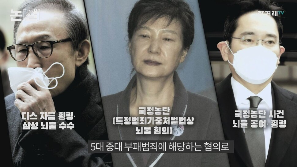 뇌물·횡령 등 5대 중대 부패범죄 혐의로 유죄 판결을 받고 수감 중인 이명박 전 대통령, 박근혜 전 대통령, 이재용 삼성전자 부회장