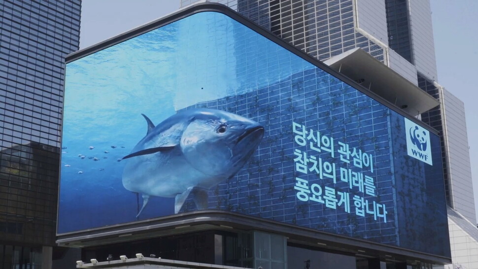 서울 삼성동 코엑스 외벽에 설치된 케이팝 스퀘어 광고판에서 ‘튜네이도’ 캠페인 영상이 상영되고 있다. 캠페인 영상 갈무리