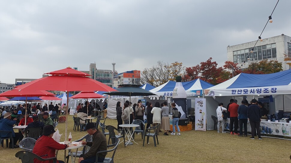 충북 청주 문화제조창 마당에서 27일 개막한 대한민국 막걸리·못난이 김치 축제를 찾은 시민들이 막걸리·안주 등을 맛보고 있다. 오윤주 기자