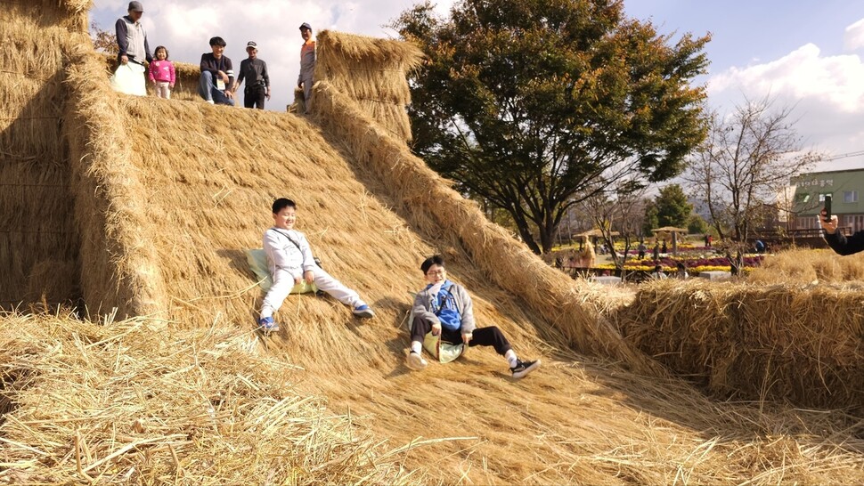 28일 충남 예산군 의좋은형제 공원 일원에서 열린 ‘의좋은 형제 축제'에서 어린이들이 볏짚 미끄럼틀을 타고 있다. 연합뉴스