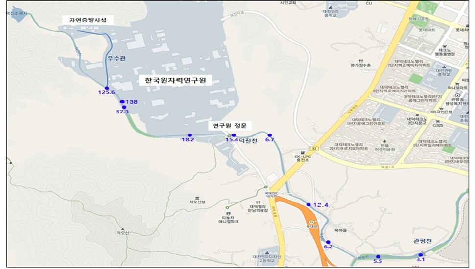 한국원자력연구원이 측정한 연구원 주변 하천 토양 세슘137 농도 현황. (단위: ㏃/㎏)