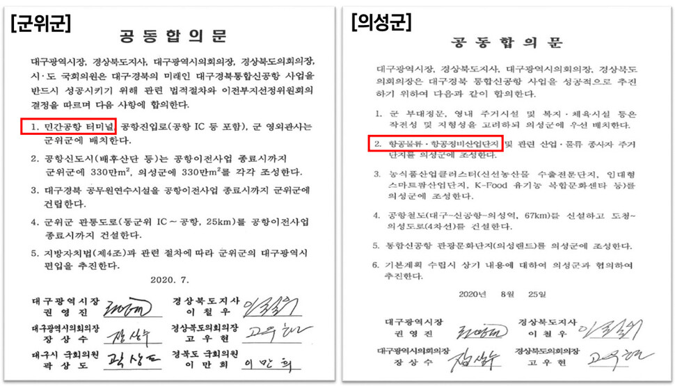 2020년 대구경북통합신공항 유치 당시 공동합의문. 대구시 제공 ※ 이미지를 누르면 크게 볼 수 있습니다.