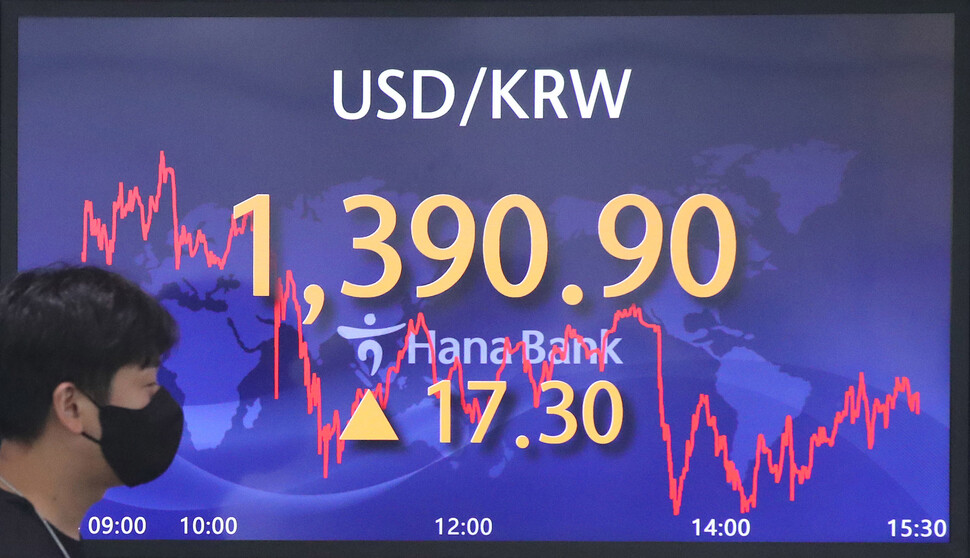 원-달러 환율이 14일 서울외환시장에서 미국발 물가 충격의 여파로 장중 달러당 1395.5원까지 치솟았다. 이날 환율은 전날보다 17.3원 오른 1390.9원에 마감됐다. 김경호 선임기자 jijae@hani.co.kr