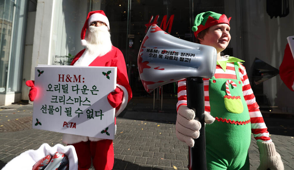 산타클로스 옷을 입은 국제동물권단체 피타(PETA) 활동가들이 24일 오후 서울 중구 명동 에이치&amp;엠(H&amp;M) 매장 앞에서 잔인한 방식으로 생산된 ‘다운’ 제품의 소비를 멈추자는 내용의 행위극을 하고 있다. 김정효 기자 hyopd@hani.co.kr