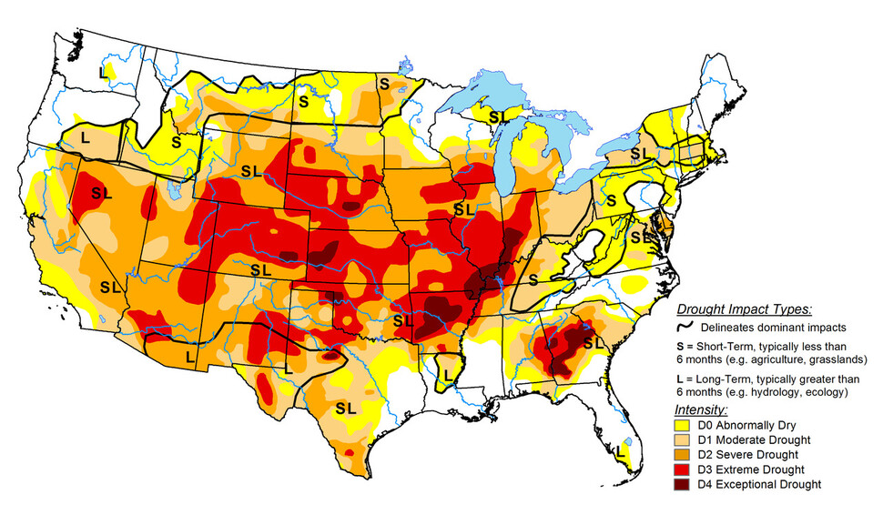 미국 중서부 지역의 농작물을 고사시킨 돌발가뭄이 극심했던 2012년 7월 중순 미국 전역의 가뭄 상태를 나타낸 지도. 미국 국립해양대기청(NOAA) 제공