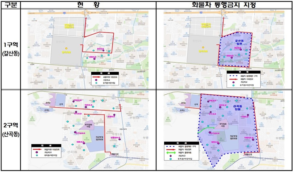 인천에서 새로 화물차 통행제한구역으로 지정된 갈산동과 산곡동 지도. 인천시 제공