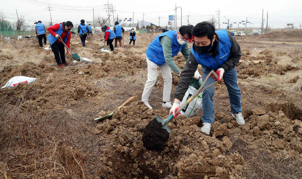 서울환경연합 회원들이 23일 오전 서울 강서구 김포공항 인근 오쇠삼거리 일대에서 ‘제13회 온난화 식목일’ 행사를 진행하며 이팝나무를 심기 전 땅에 비료를 주고 있다. 김경호 선임기자