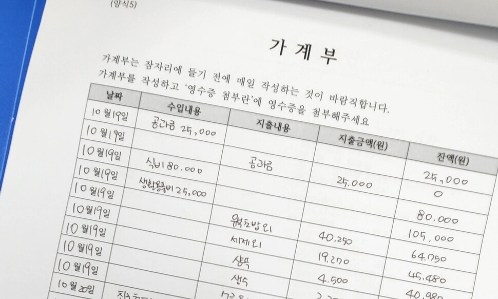 지난해 10월 서울 서대문구 천연동 ‘시설보호아동 자립체험주택’에 머문 한 자립준비 청년이 쓴 가계부. 박지영 기자