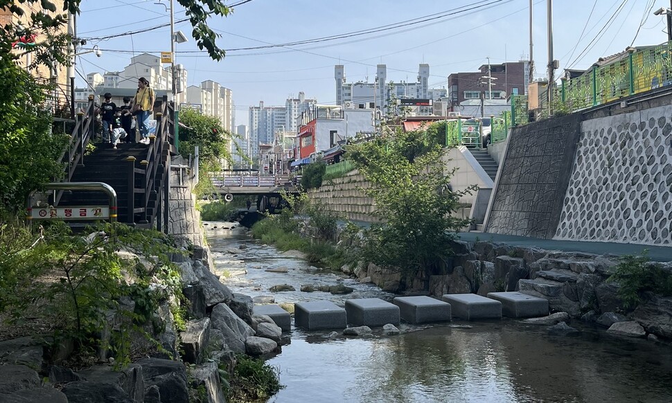 맑은 날의 정릉천 모습. 가물지 않은 한여름에는 성인 남성 허리까지 물이 차오른다.