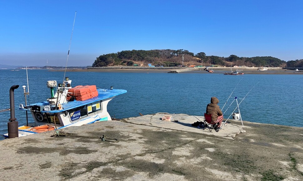 원산도 선촌항 선착장에서 바라본 효자도. 효자도 주민들은 대천항이 기점인 여객선보다 원산도와 효자도를 왕복하는 도선이 필요하다고 주장한다.