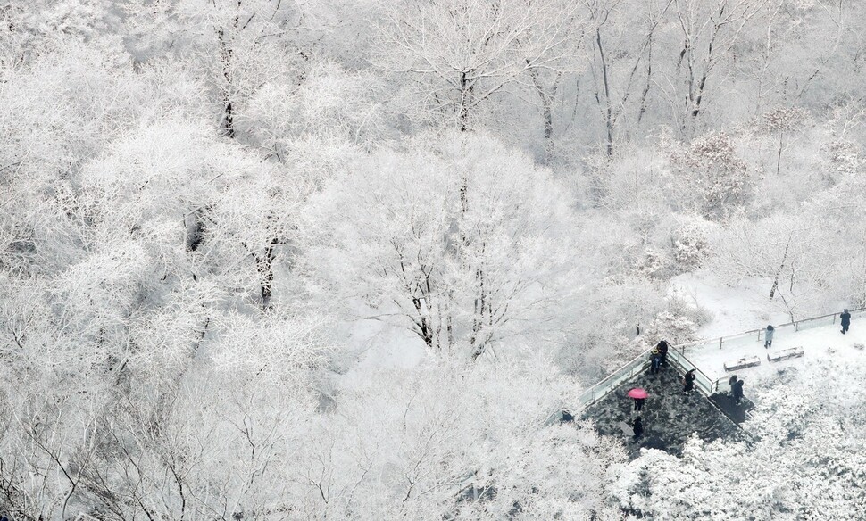 서울지역에 눈이 내린 16일 오전 서울 남산이 눈으로 덮여 하얗게 변해 있다. 기상청은 17일에도 서쪽지방에 눈이나 비가 내린다고 내다봤다. 박종식 기자 anaki@hani.co.kr