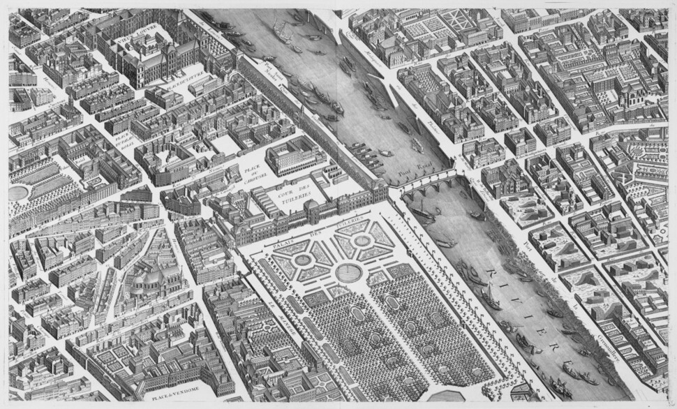 18세기 초반의 파리시를 그린 튀르고 지도(1739년 완성)에 나타난 루브르궁(왼쪽 상단)의 모습. 위키피디아