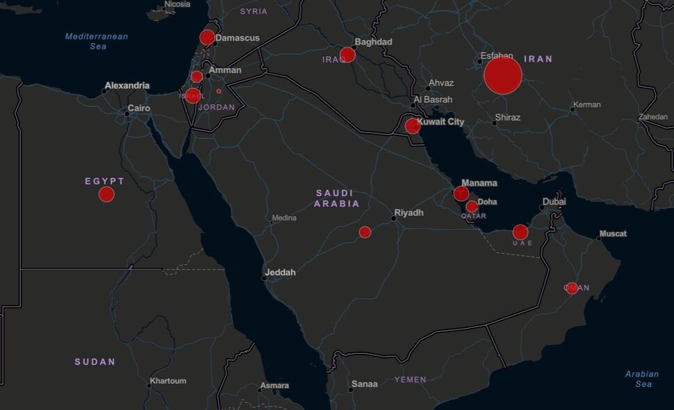 현지시각 8일 기준, 중동 지역의 코로나19 확산 현황. 자료=미국 존스홉킨스 의대