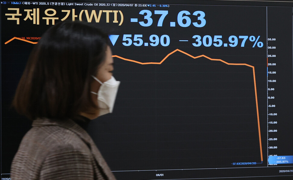 서부텍사스유 선물 가격이 -37.63달러로 떨어지면서 시작된 유가 충격이 금융시장으로 번질 조짐을 보이고 있다. 연합뉴스