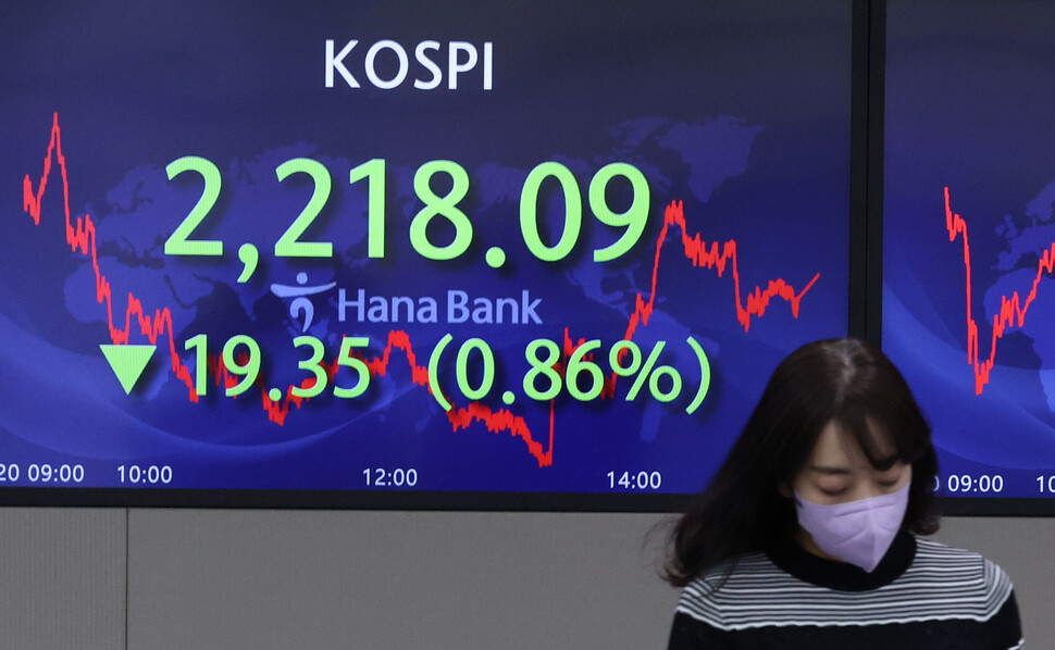 코스피가 전장보다 19.35(0.86%) 내린 2218.09 로 마감한 20일 오후 서울 중구 하나은행 딜링룸에서 딜러들이 업무를 보고 있다. 연합뉴스