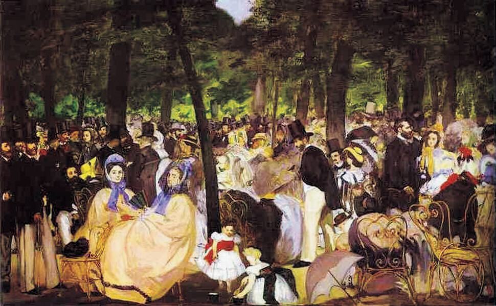 19세기 인상파 화가인 에두아르 마네가 튈르리 정원에서 열린 실외 음악회를 보러 온 관중을 그린 &lt;튈르리 정원의 음악&gt;(1862년). 위키피디아