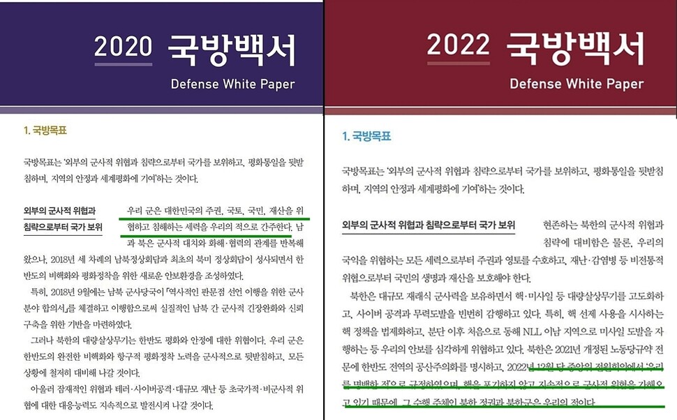 16일 공개된 &lt;2022 국방백서&gt;는 “북한은 2021년 개정된 노동당규약 전문에 한반도 전역의 공산주의화를 명시하고, 2022년 12월 당 중앙위 전원회의에서 우리를 ‘명백한 적'으로 규정하였으며 핵을 포기하지 않고 지속적으로 군사적 위협을 가해오고 있기 때문에, 그 수행 주체인 북한 정권과 북한군은 우리의 적이다”고 명기했다. &lt;2020 국방백서&gt; 본문(왼쪽)과 &lt;2022 국방백서&gt; 본문. 국방부 제공