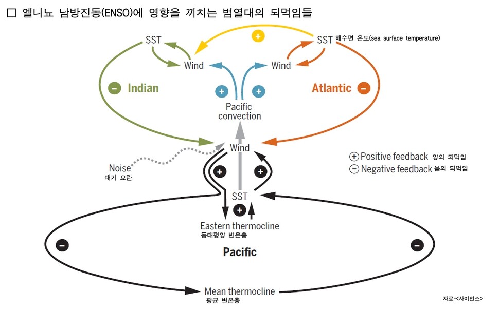 검은색 원은 내부 태평양(Pacific)의 빠른 양의 되먹임(짧은 화살들)과 지연된 음의 되먹임(긴 화살들)을 대표한다. 유역내 되먹임은 대서양(Atlantic)과 인도양(Indian)에 대한 태평양 되먹임(파란색 화살들)과 태평양에 대한 대서양과 인도양(각각 오렌지와 녹색 화살들)의 지연된 음의 되먹임