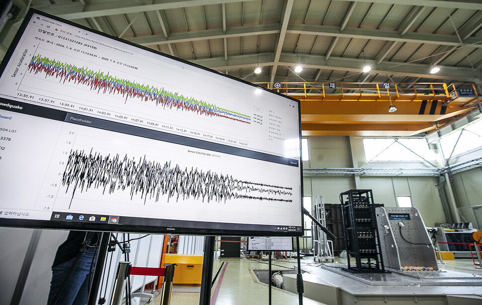 9일 오전 11시  경기도 화성시 동탄의 한국에스지에스(SGS) 내진시험동에서 지진 탐지 및 경보체계와 연계할 수 있는 ‘지진관측 네트워크’를 시연하는 모습