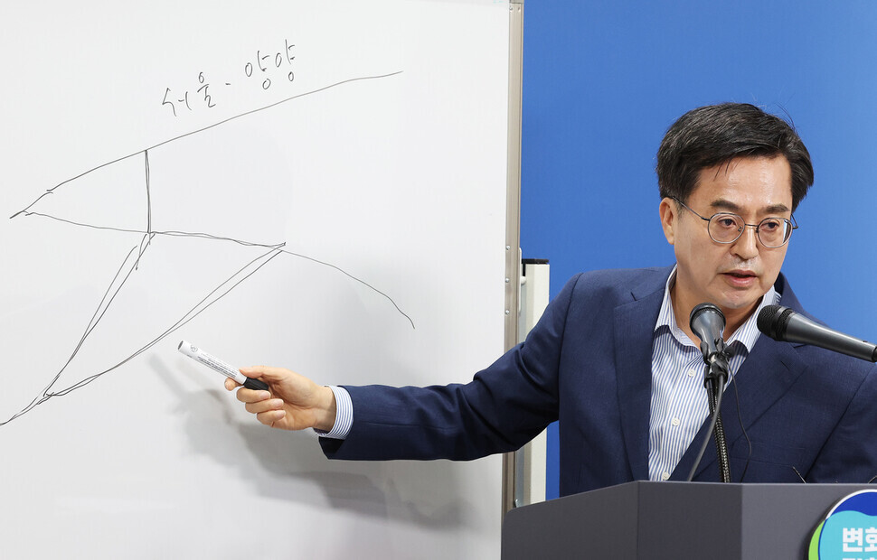 김동연 경기도지사가 3일 오전 경기도 수원시 경기도청에서 서울~양평 고속도로 사업 관련 입장을 발표한 후 취재진 질문에 답하고 있다. 연합뉴스