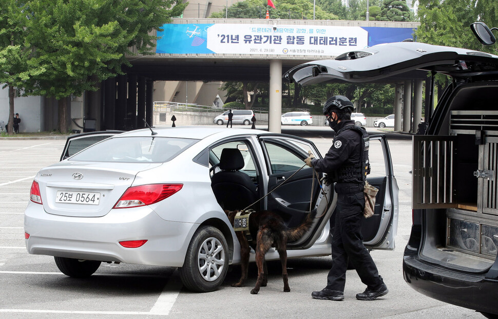 ‘21년 유관기관 합동 대테러훈련’이 29일 오후 잠실운동장 서문 주차장에서 열렸 탐지견이 폭발물을 찾고 있다. 김경호 선임기자