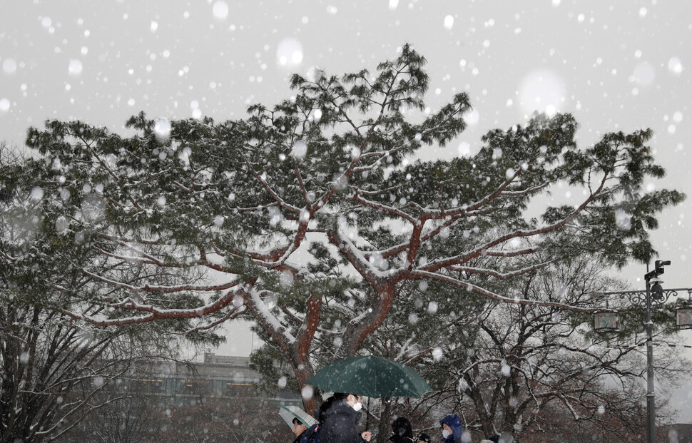 서울을 비롯한 중부지방에 대설주의보가 내려진 15일 오후 서울 종로구 경복궁에 눈이 내리고 있다. 김명진 기자 littleprince@hani.co.kr