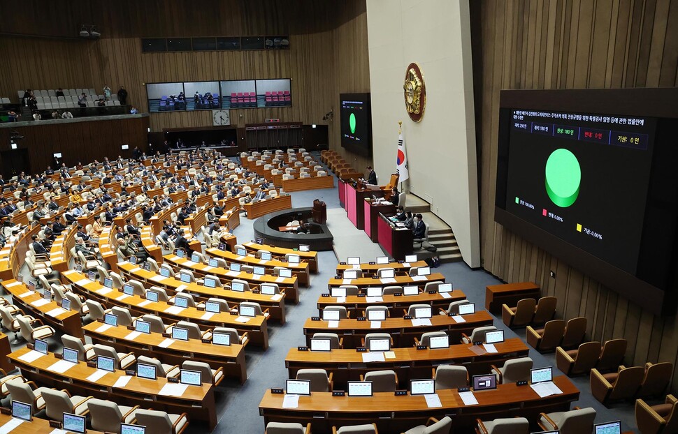 28일 오후 국회 본회의에서 대통령 배우자 김건희의 도이치모터스 주가조작 의혹 진상규명을 위한 특별검사 임명 등에 관한 법률안이 통과되고 있다. 김봉규 선임기자 bong9@hani.co.kr