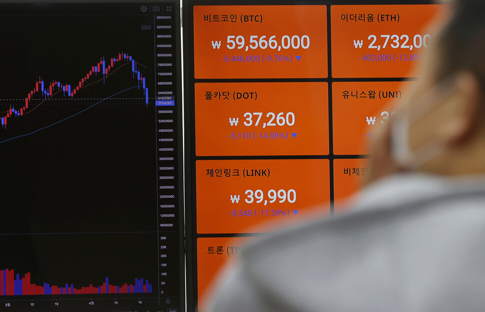 암호화폐 가격이 폭락한 지난 23일 오전 서울 빗썸 강남고객센터 모니터에 비트코인을 비롯한 각종 암호화폐 시세가 표시되고 있다. 연합뉴스