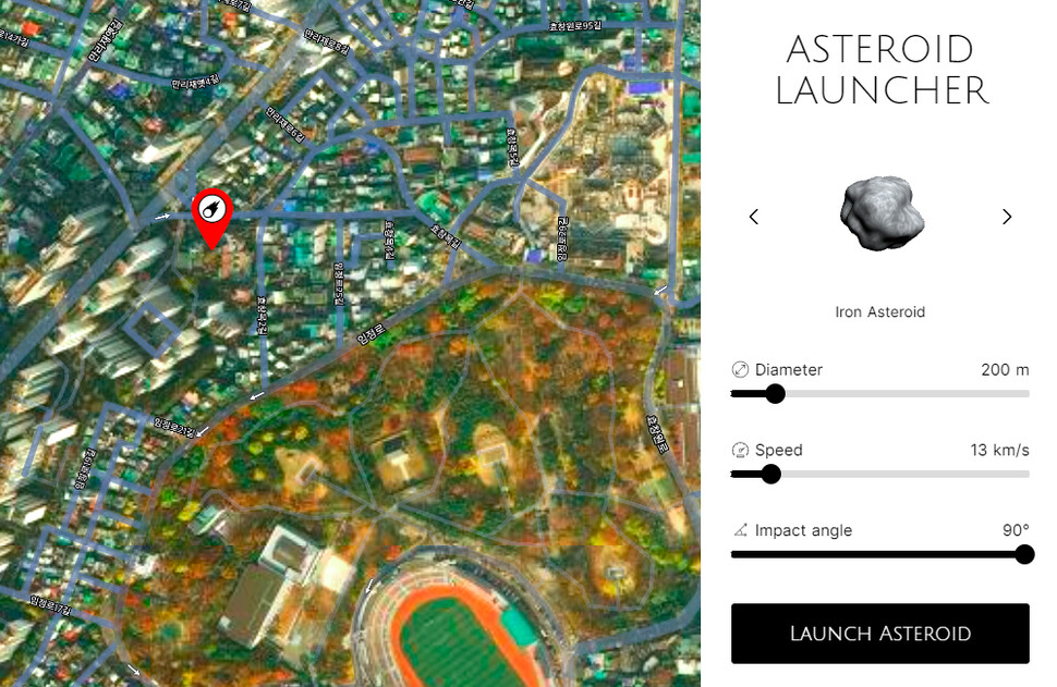 미국 개발자 닐 아그왈이 만든 ‘아스테로이드 런처’ 접속 화면. 소행성의 크기와 성분, 낙하 속도, 충돌 각도를 비롯해 낙하 지점까지 상세히 지정할 수 있다. 아스테로이드 런처 화면 갈무리