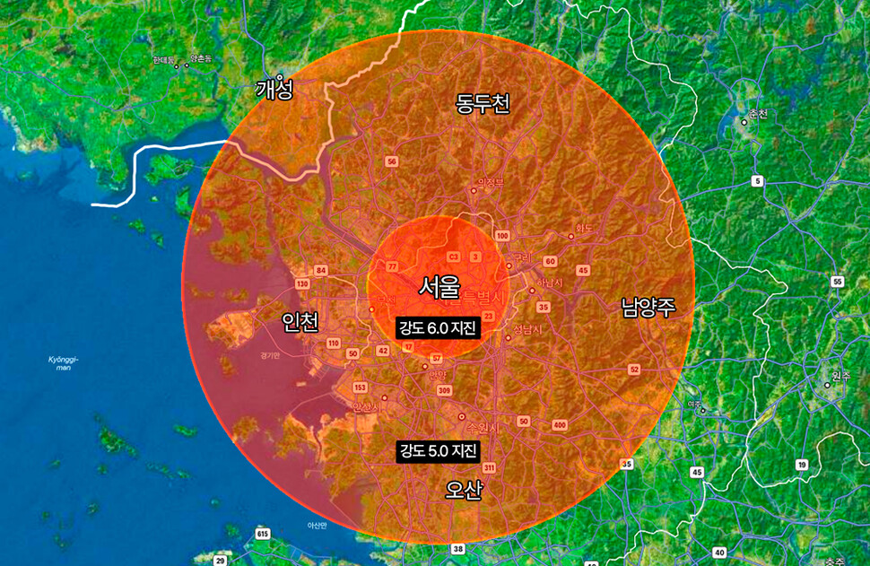 ‘아스테로이드 런처’에서는 소행성 충돌로 인한 직접적인 피해 외에도 충격파, 지진, 바람 등의 예상 결과도 확인할 수 있다. 한겨레신문사에 200m 크기 소행성이 떨어진 경우에는 개성, 동두천, 남양주, 오산, 인천 등에도 지진이 발생한다는 결과가 나왔다. 아스테로이드 런처 화면 갈무리