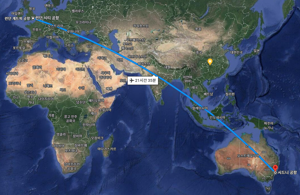 호주 국영항공사 콴타스항공이 2025년까지 ‘프로젝트 선라이즈’를 완성하겠다고 밝혔다. 프로젝트 선라이즈는 호주 시드니와 영국 런던·미국 뉴욕을 잇는 초장거리 직항 노선이다. 구글 지도 갈무리