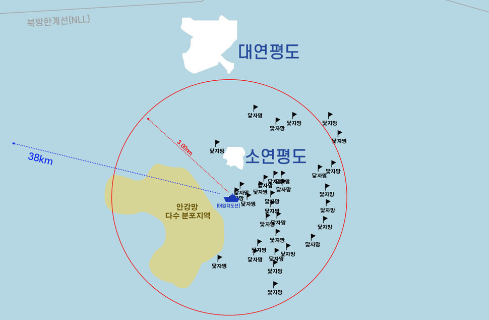 2020년 10월22일 오후 인천시 연수구 해양경찰청에서 ‘소연평도 실종 공무원 북한 피격 사건’ 수사에 대한 중간 결과 발표가 진행됐다. 사진은 연평도 인근에 설치된 어망 현황 자료. 해양경찰청 제공.