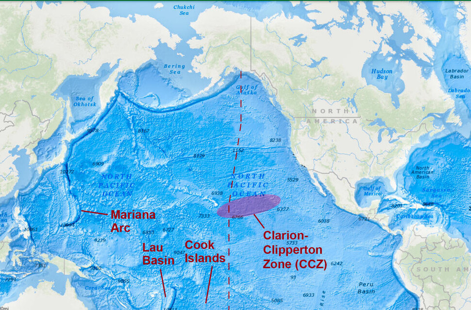 조사 해역은 태평양 한가운데인 클래리언-클리퍼튼 존(CCZ) 남서부이다. 세계 최대 심해저 광물 부존 지역이기도 하다. 위키미디어 코먼스 제공