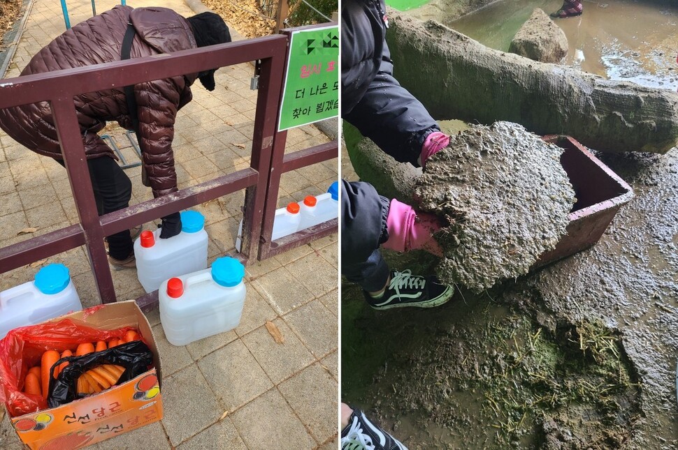 제보자는 지난 10개월 간 하루 두 차례씩 동물원을 오가며 동물들의 먹이와 물을 챙겼다.(왼쪽) 물이 다시 나오기 시작한 지난 1월 전시장 바닥 청소 때 나온 분변 덩어리.(오른쪽)
