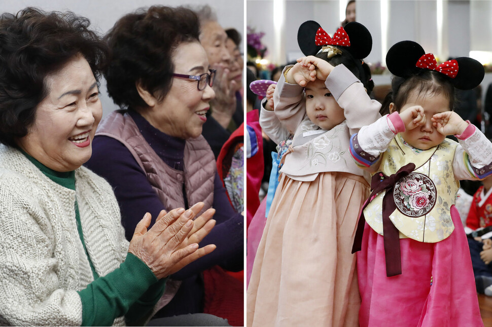 설날을 닷새 앞둔 20일 오전 서울 송파경로문화센터 어르신들(왼쪽 사진)이 합동세배를 하러 온 어린이들(오른쪽 사진)의 절을 받으며 기뻐하고 있다. 이정아 기자 leej@hani.co.kr