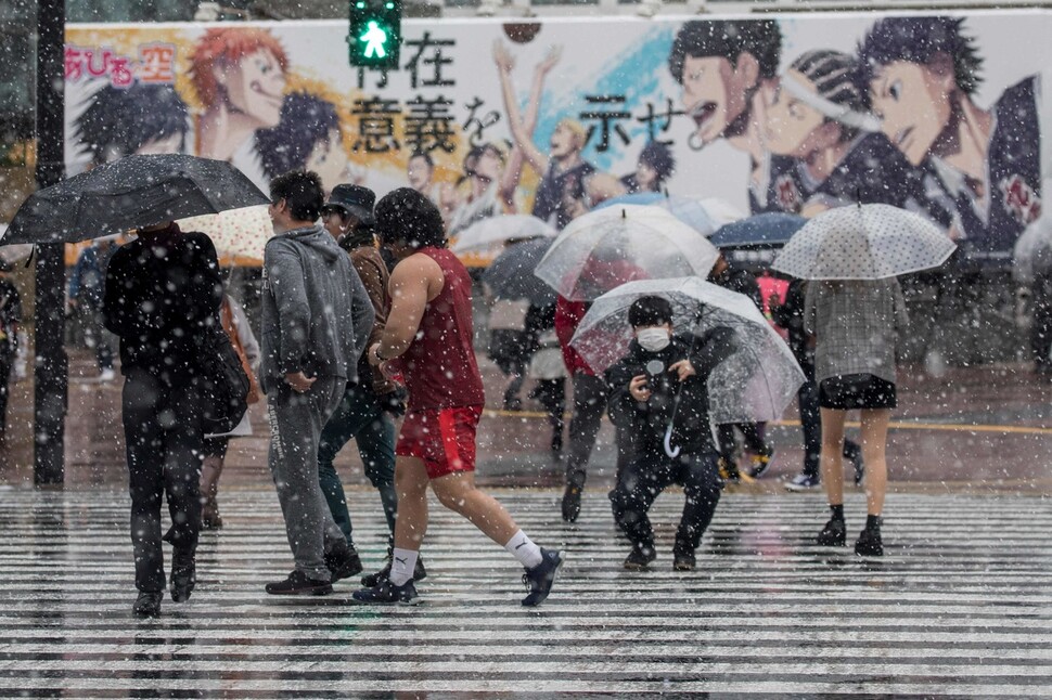 29일 눈이 내리는 일본 도쿄 시부야에서 사람들이 횡단보도를 건너고 있다. 도쿄/연합뉴스
