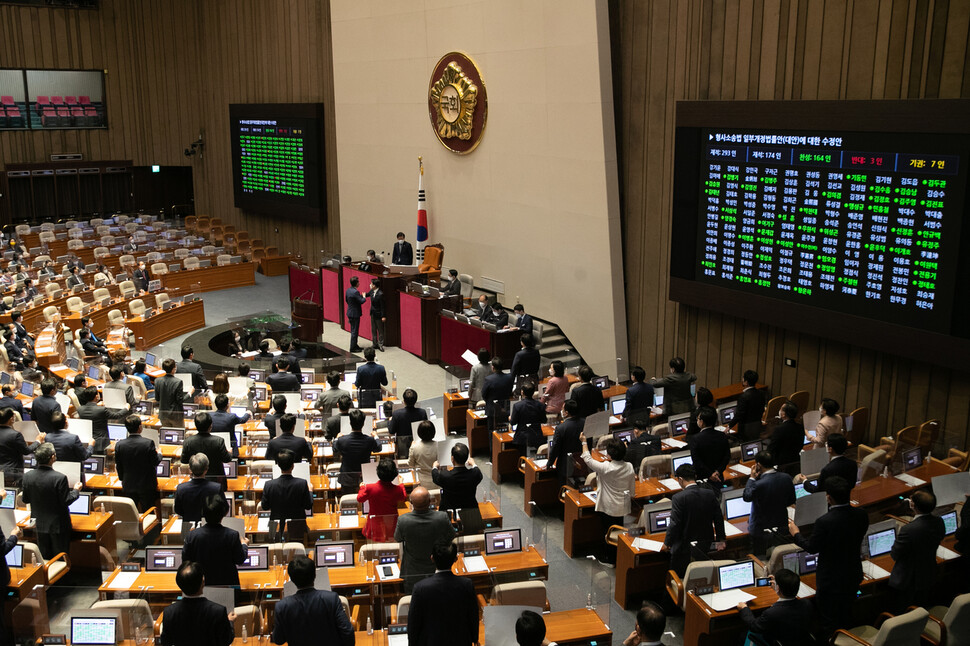 3일 오전 국회 본회의에서 국민의힘 의원들의 반발 속에 형사소송법 개정안이 표결 처리되고 있다. 공동취재사진