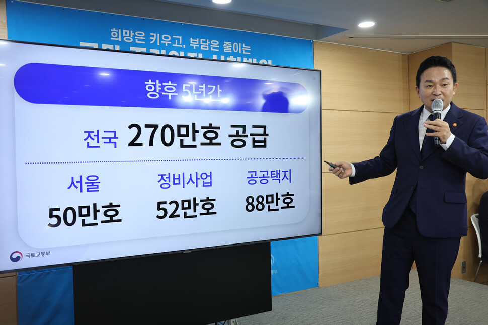 원희룡 국토교통부 장관이 16일 오전 서울 종로구 세종로 정부서울청사 브리핑실에서 주택 공급 계획을 발표하고 있다. 연합뉴스