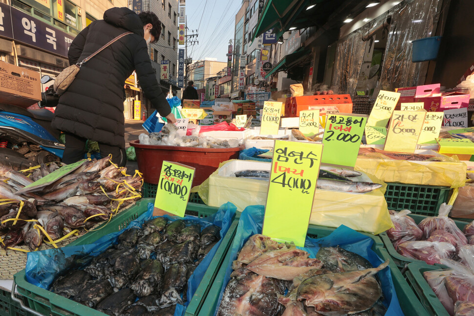 경기 하강이 본격화하고 공공요금마저 오를 예정이어서 서민들의 살림살이가 더 팍팍해질 것으로 보인다. 한 시민이 지난 27일 서울 시내 한 시장 점포에서 생선을 고르고 있다. 연합뉴스